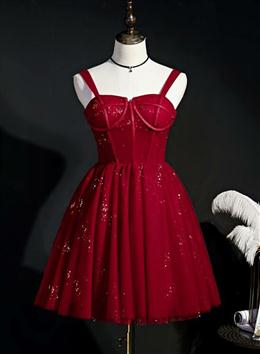 Picture of Wine Red Color Short Tulle Straps Cute Homecoming Dresses, Wine Red Color Short Prom Dresses